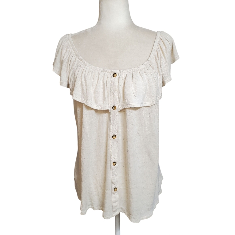Universal Thread Top Womens Size Large Oatmeal Natural Button-Down Ruffle Blouse